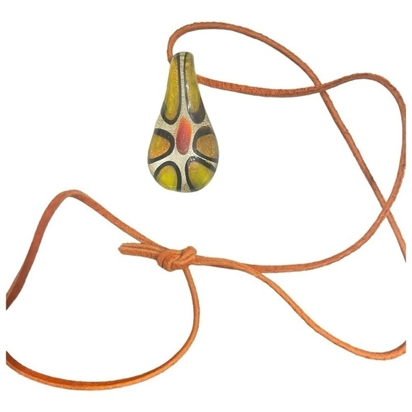 Vintage Art Glass Light Green Olive/red Pendant Dichroic Swirl Teardrop Shape - Picture 5 of 5